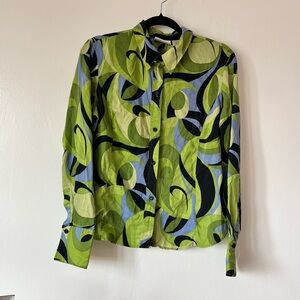 Vintage Liz Claiborne silk button up long sleeve sz 12. Green retro print.